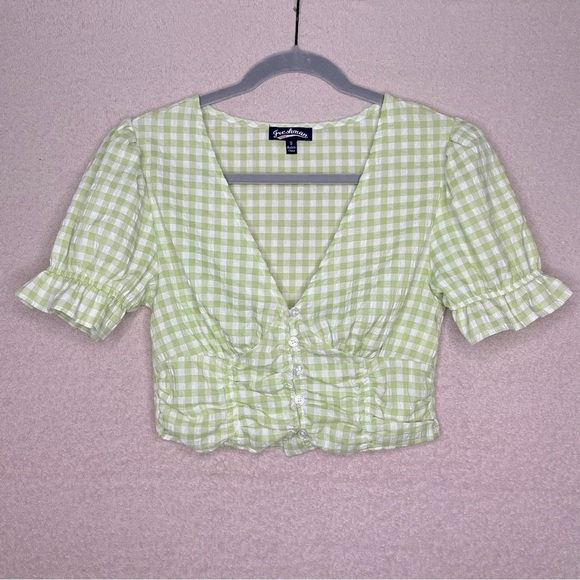 Freshman 1996 Puff Sleeve Cropped Blouse-Women’s S-Green/White-Check-Cottagecore - Picture 1 of 8